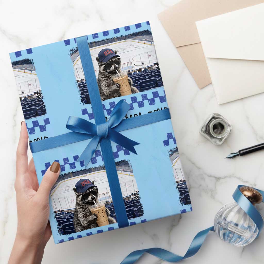 Hockey Mom Raccoon Iced Coffee Wrapping Paper Roll I Live Here Now