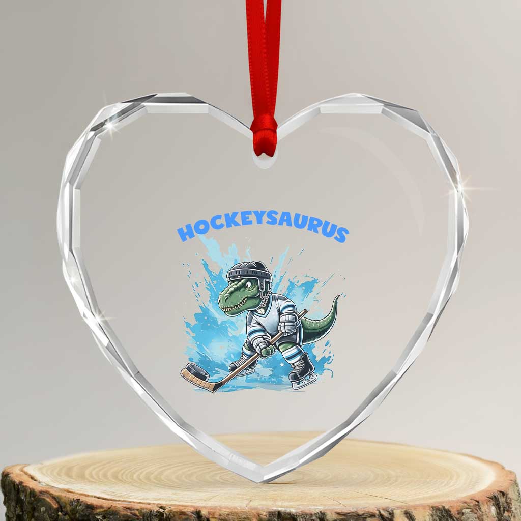 Hockeysaurus Heart Crystal Glass Ornament Funny Dinosaur Playing Ice Hockey Gift - Wonder Print Shop