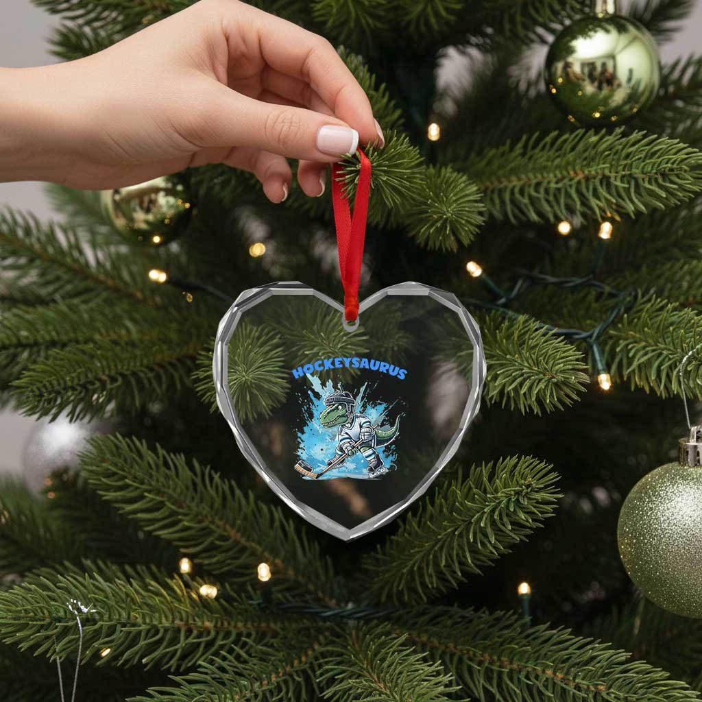 Hockeysaurus Heart Crystal Glass Ornament Funny Dinosaur Playing Ice Hockey Gift - Wonder Print Shop
