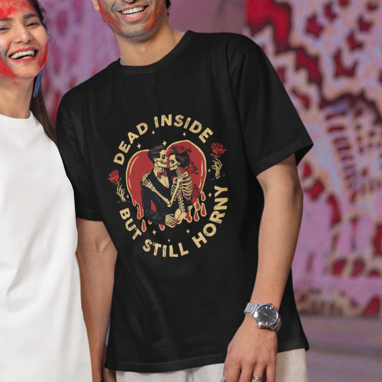 Dead Inside But Still Horny Vintage Skeleton Couple Valentine's Day T Shirt - Wonder Print Shop