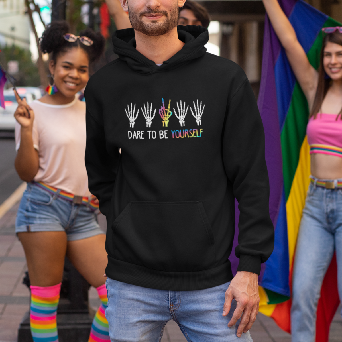 LGBT Pride Hoodie Dare To Be Yourself Skeleton Hand Rainbow - Wonder Print Shop