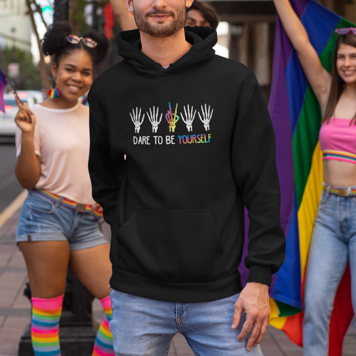 LGBT Pride Hoodie Dare To Be Yourself Skeleton Hand Rainbow - Wonder Print Shop