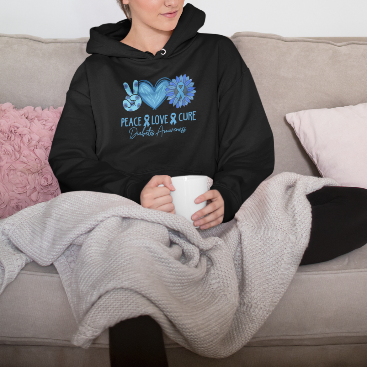 Peace Love Cure Blue Ribbon Sunflower Diabetes Awareness Hoodie - Wonder Print Shop