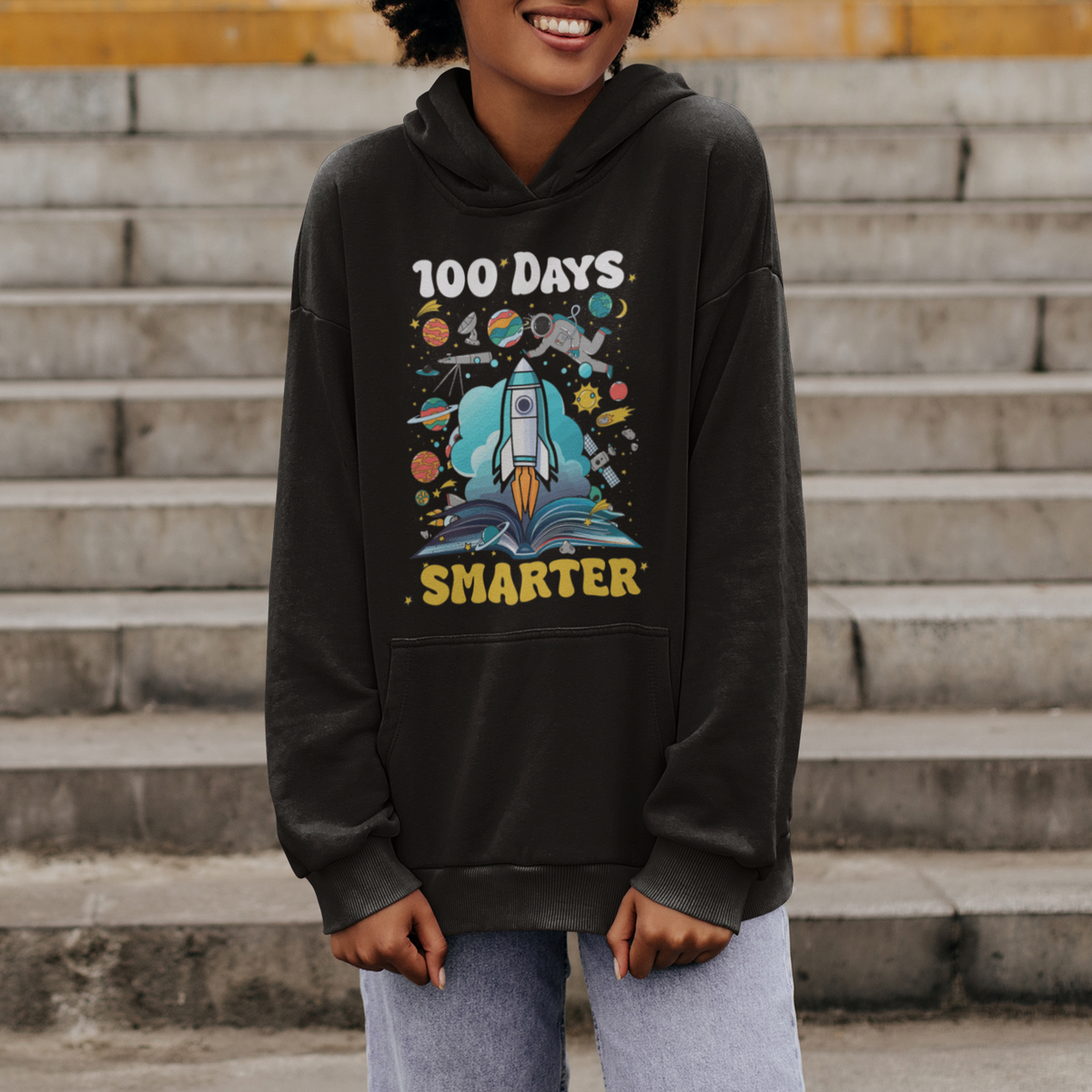 100th Day Of School Hoodie 100 Days Smarter Outer Space Magic Book - Wonder Print Shop