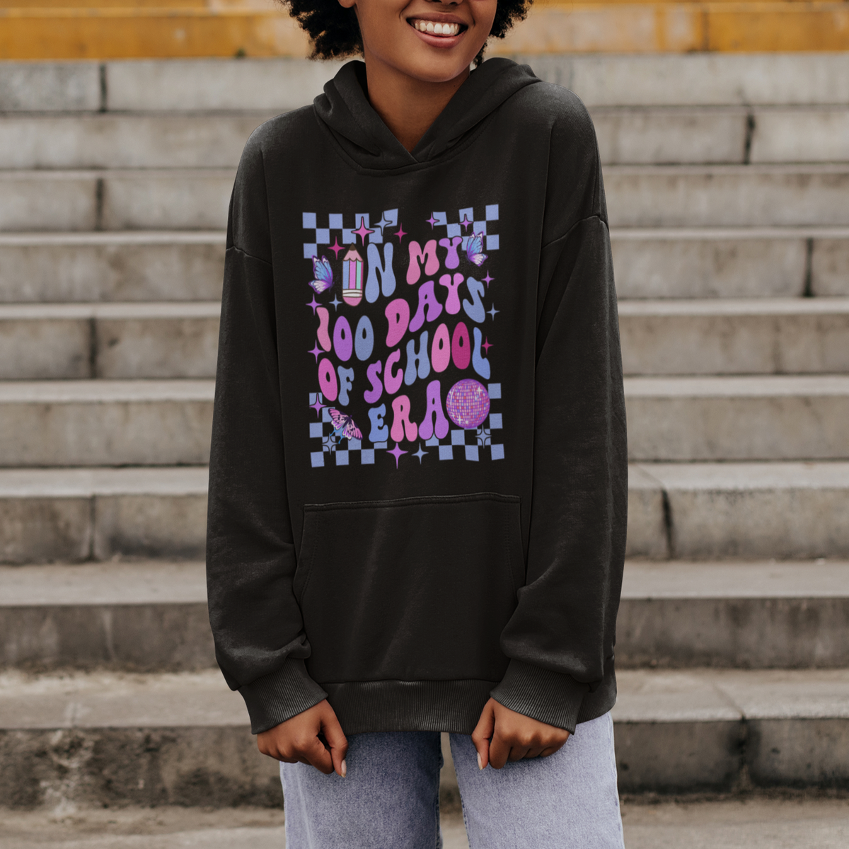 In My 100 Days of School Era Hoodie Retro Groovy - Wonder Print Shop