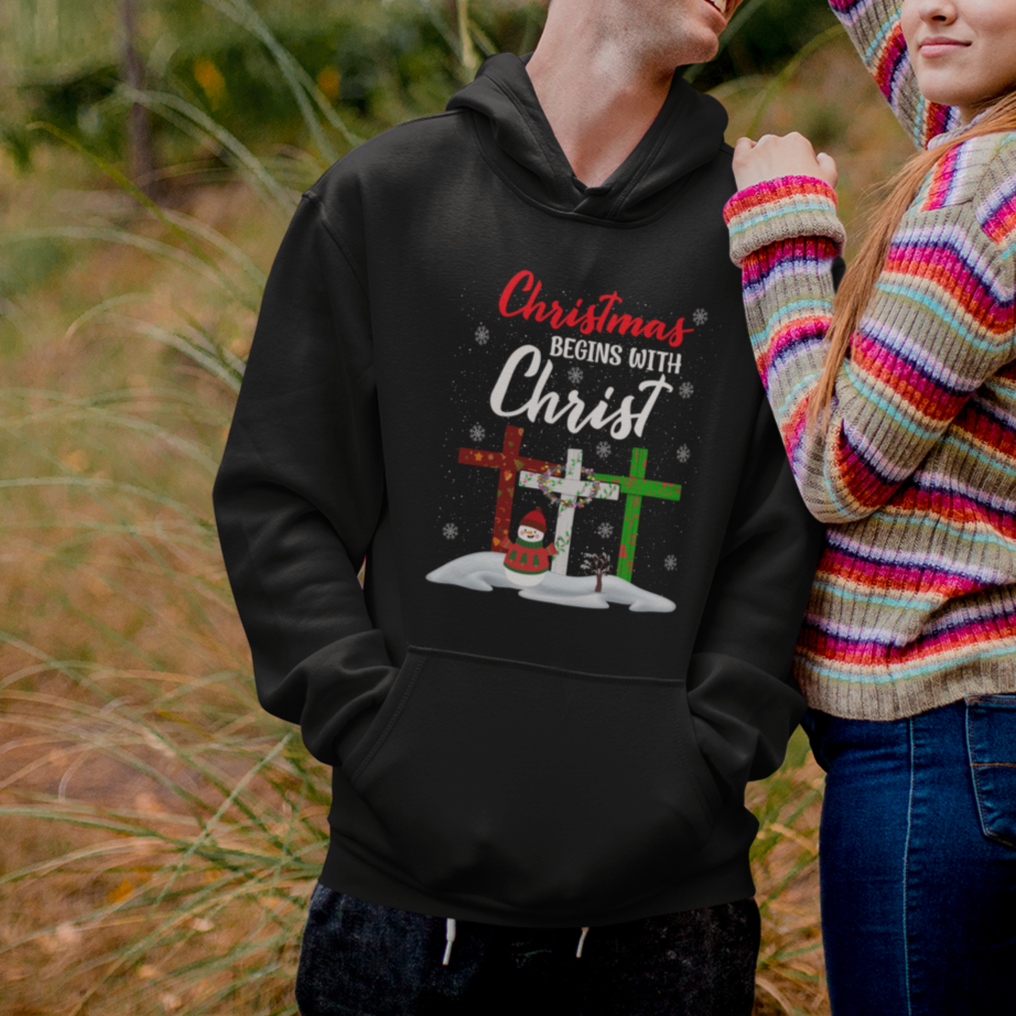 Christmas Begins With Christ Snowman Christian Cross Hoodie - Wonder Print Shop