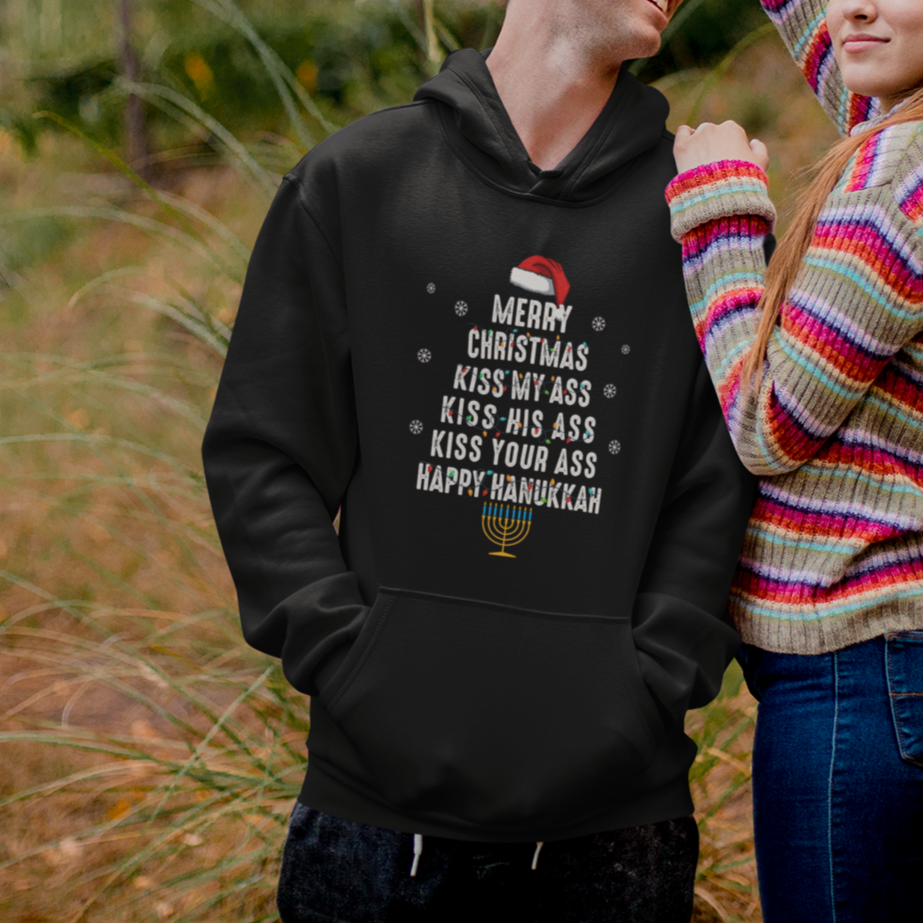 Merry Christmas Kiss My Ass His Ass Your Ass Happy Hanukkah Hoodie - Wonder Print Shop