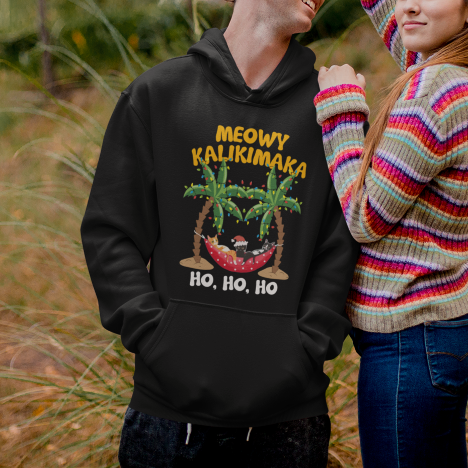 Christmas In Hawaii Hoodie Meowy Kalikimaka Cat Chillin' Ho Ho Ho Xmas Palm Tree - Wonder Print Shop