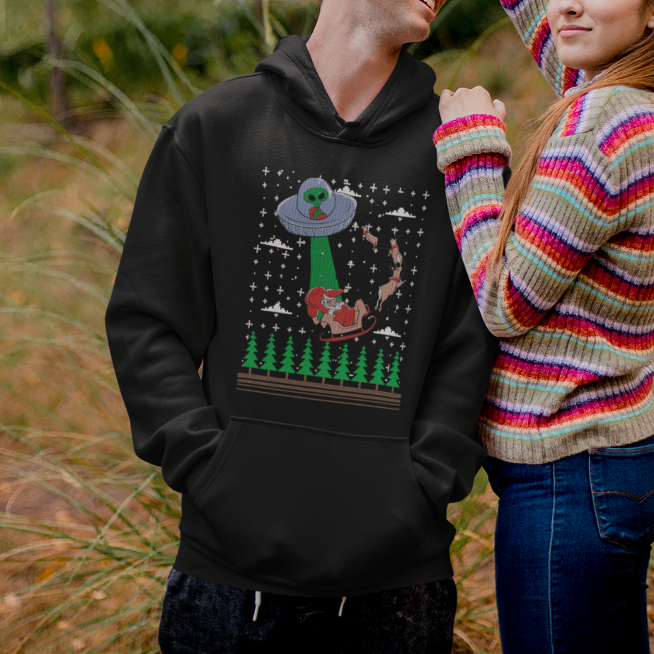 Christmas Hoodie Alien Invasion Space UFO Catch Santa - Wonder Print Shop