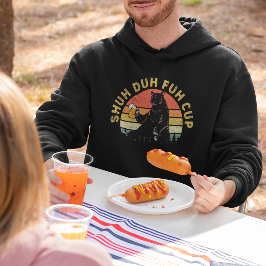 Beer Lover Hoodie Shuh Duh Fuh Cup Retro Funny Bear Drinking Beer Camping - Wonder Print Shop