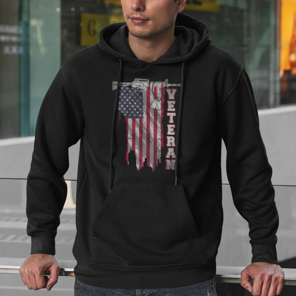 American Veteran Hoodie US Flag With Rifle And Dog Tags - Wonder Print Shop