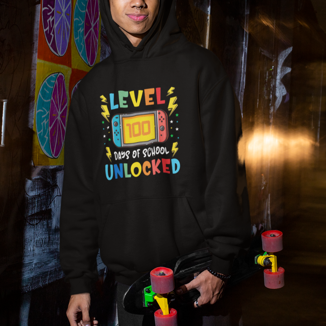 100th Day Of School Hoodie Level 100 Days Unlocked Video Game Funny Gamer - Wonder Print Shop