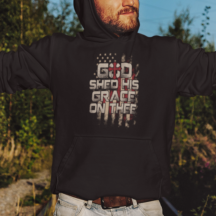 God Blessing Hoodie God Shed His Grace On Thee Amercan Flag Christian Cross - Wonder Print Shop
