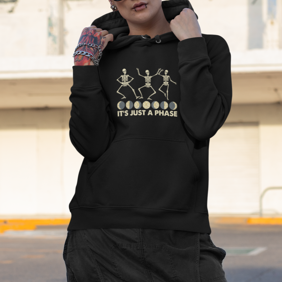 It's Just A Phase Moon Cycle Phases Of The Moon Astronomy Skeleton Dancing Hoodie - Wonder Print Shop