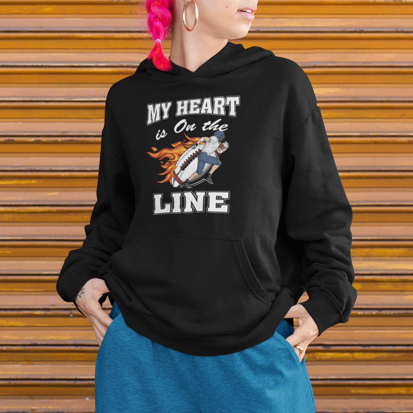 Football Mom Hoodie My Heart Is On That Line Rugby Player - Wonder Print Shop