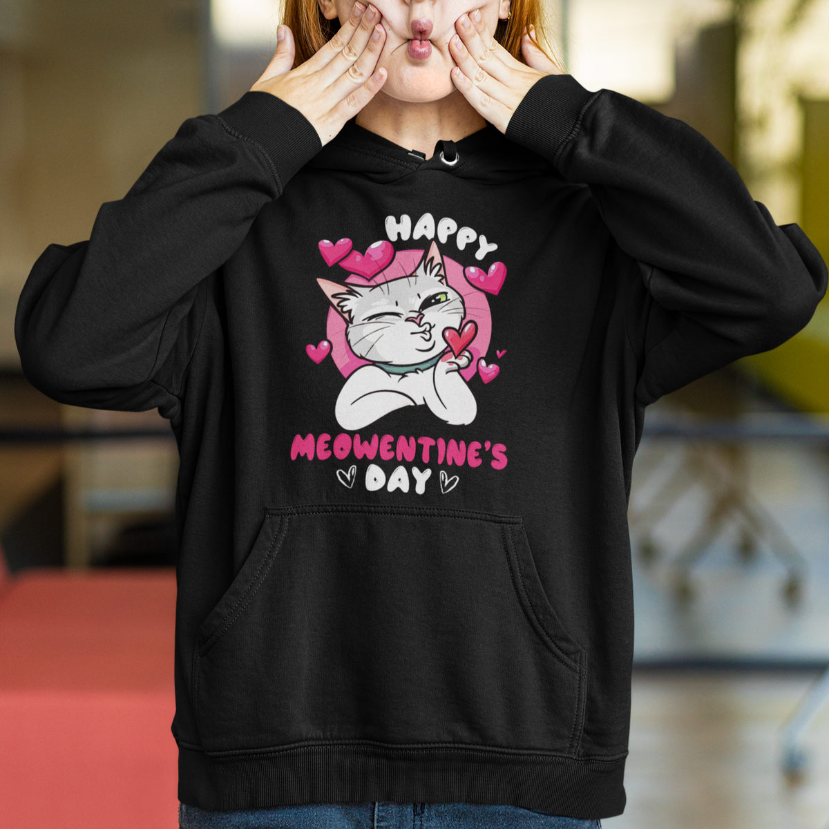 Valentine's Day Hoodie Happy Meowentine Cute Cat Kisses - Wonder Print Shop