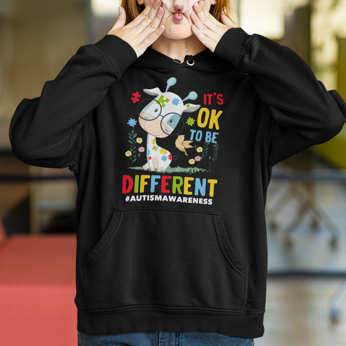 Autism Awareness Hoodie It's Ok To Be Different Cute Puzzle Giraffe - Wonder Print Shop
