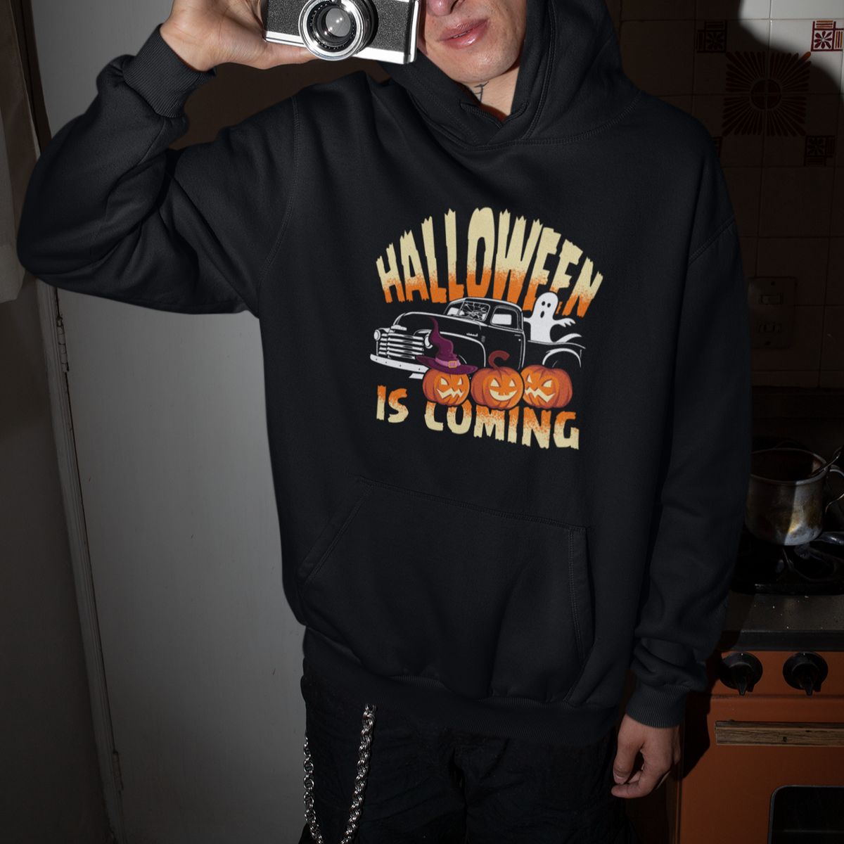 Halloween Season Hoodie Spooky Season Is Coming Scary Pumpkin Car - Wonder Print Shop
