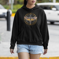 Black pullover hoodie with hood drawstrings, kangaroo pocket, and moth mandala chest graphic