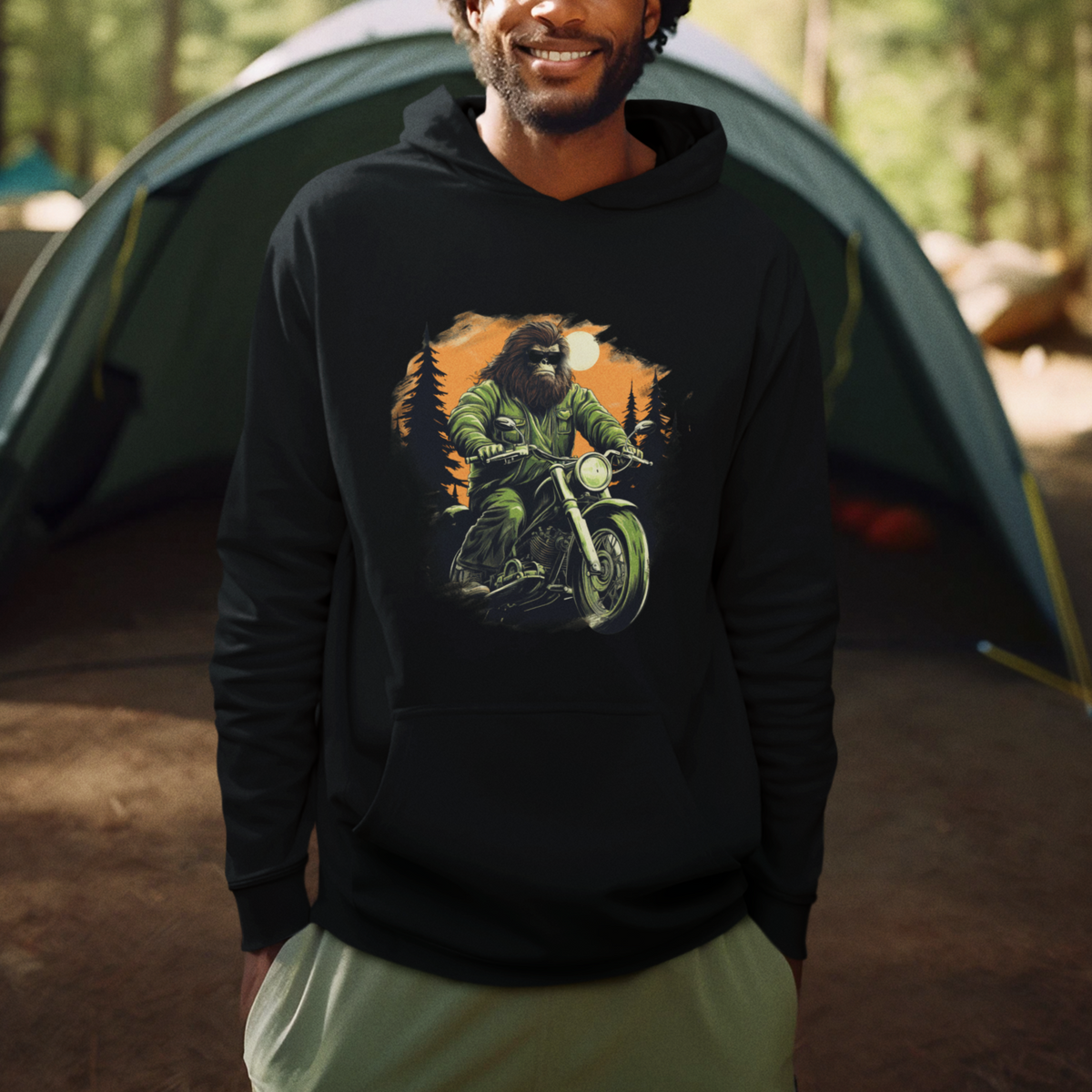 Bigfoot Biker Funny Sasquatch Riding A Motorcycle Vintage Hoodie - Wonder Print Shop