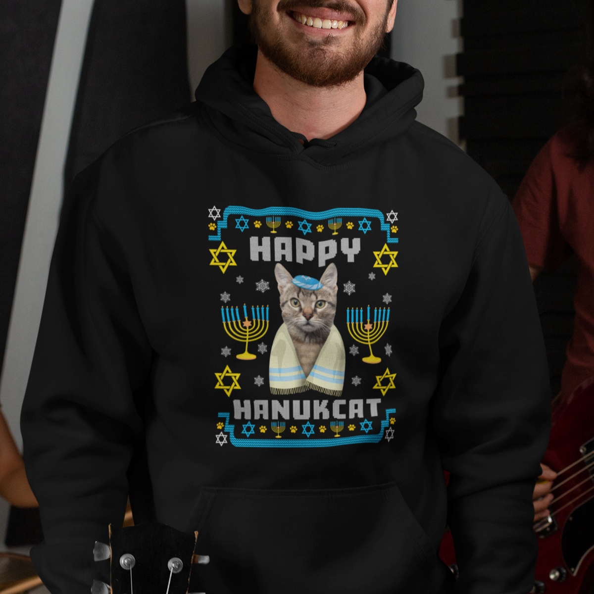 Hanukkah Cat Hoodie Happy Hanukcat Jewish Hanukkah Cat Menorah Ugly Chanukah - Wonder Print Shop