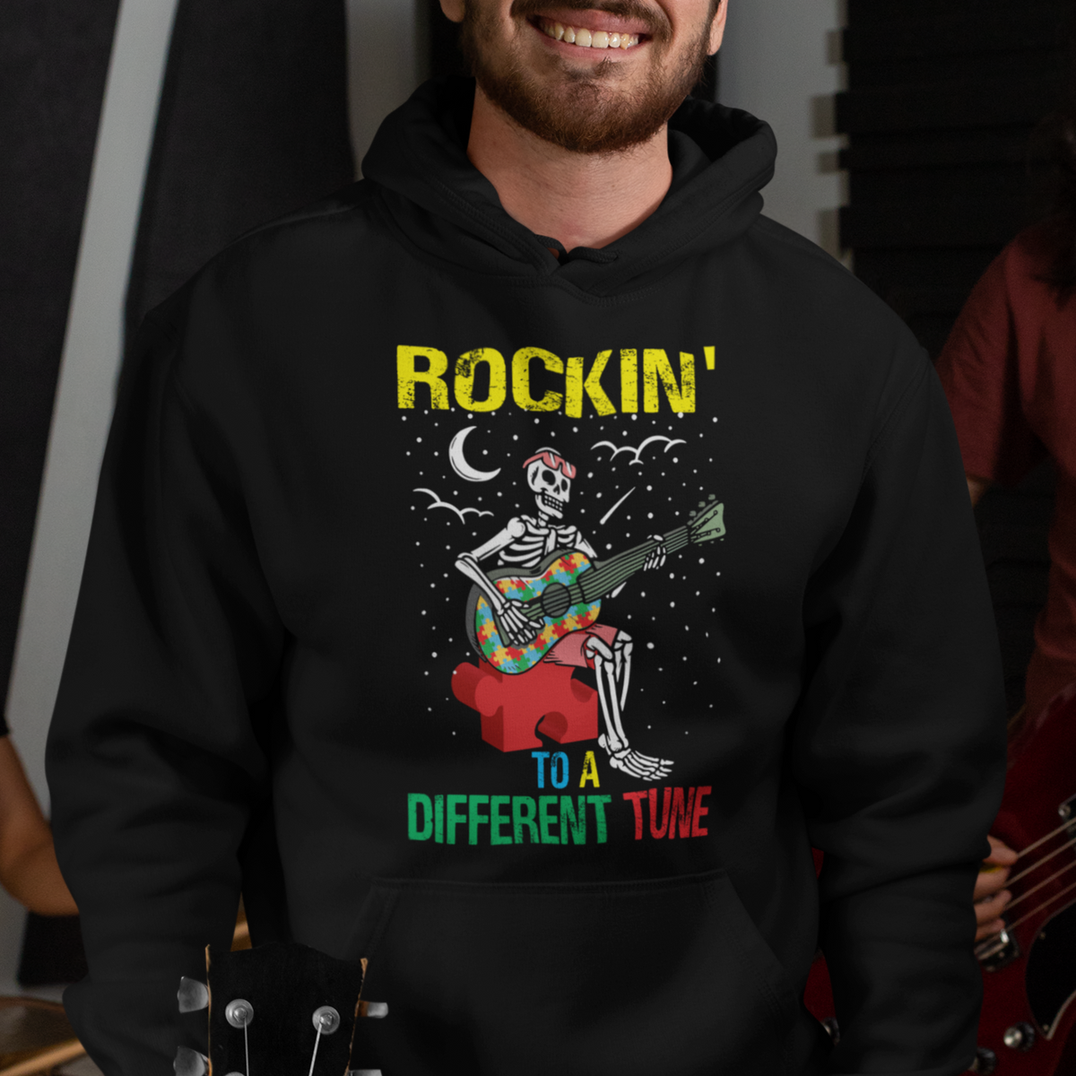 Autism Awareness Hoodie Rockin' To A Different Tune Skeleton - Wonder Print Shop
