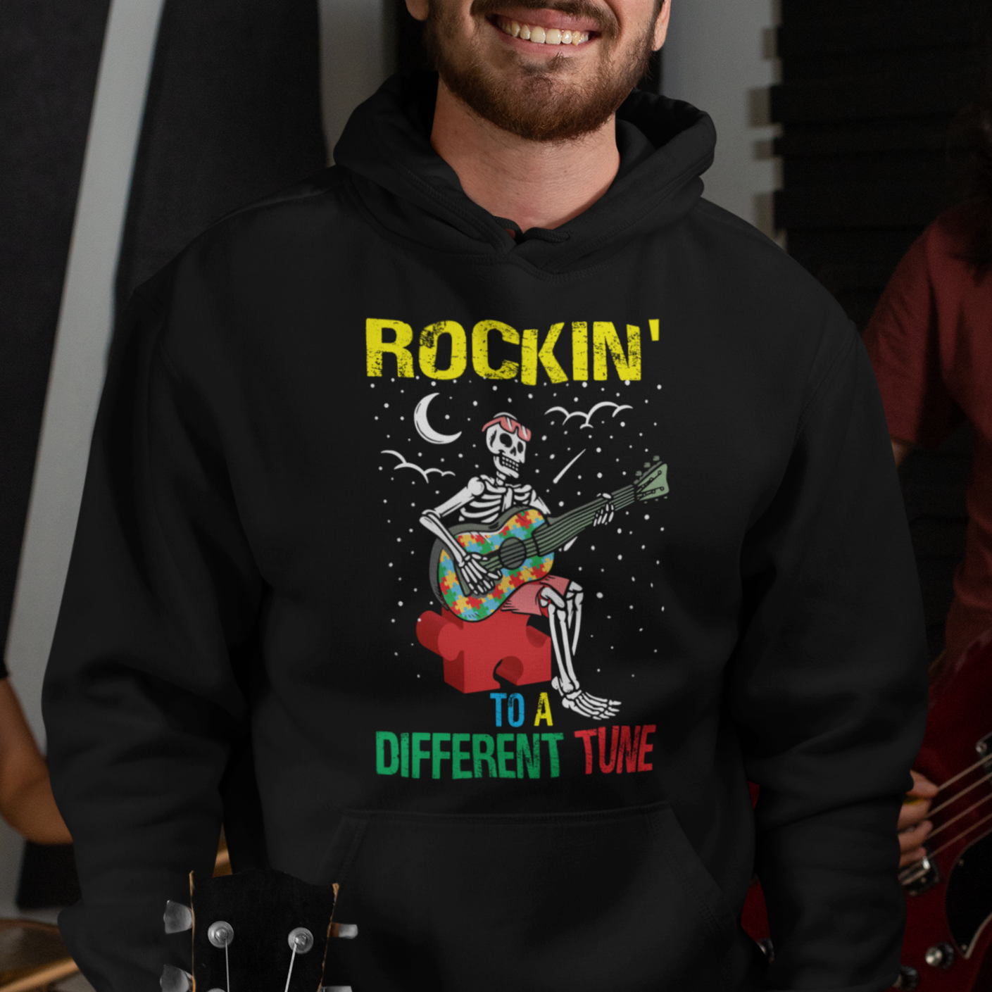 Autism Awareness Hoodie Rockin' To A Different Tune Skeleton - Wonder Print Shop