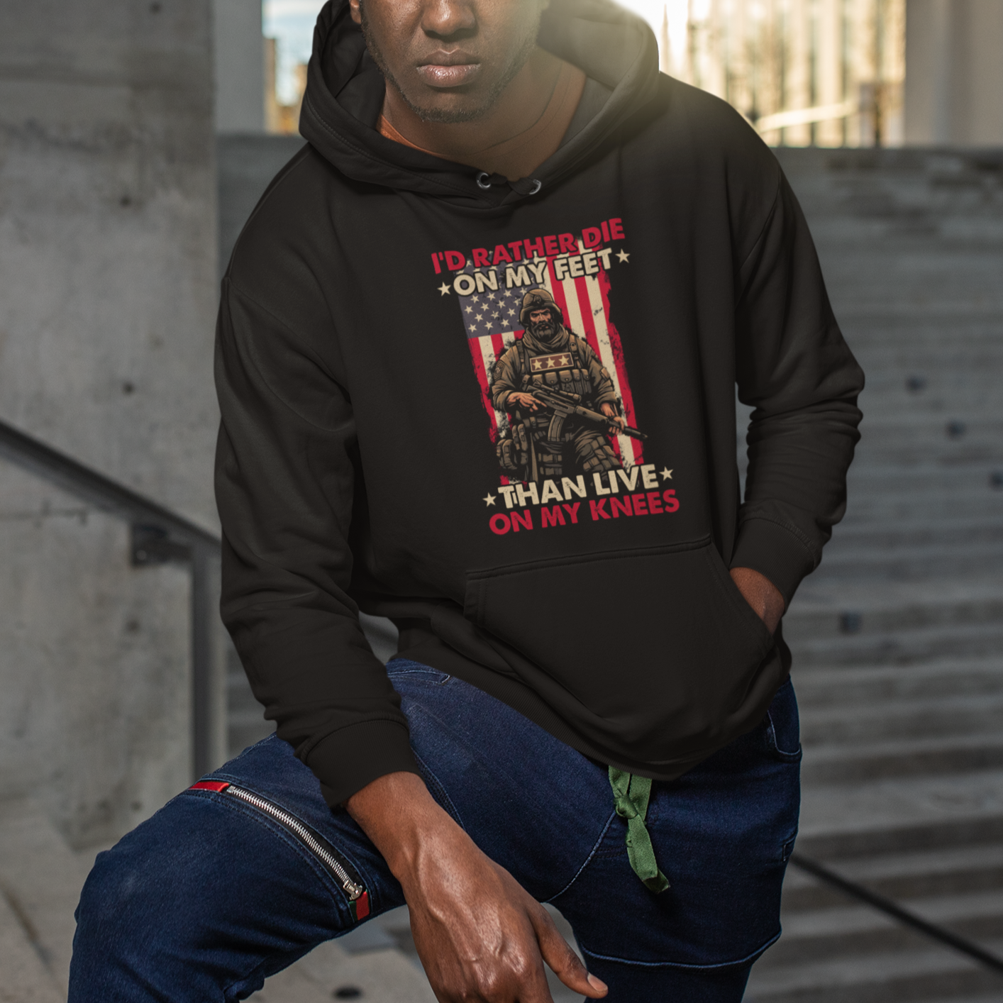 Veteran Hoodie I'd Rather Die On My Feet Than Live On My Knees US Flag Grumpy Old Soldier - Wonder Print Shop
