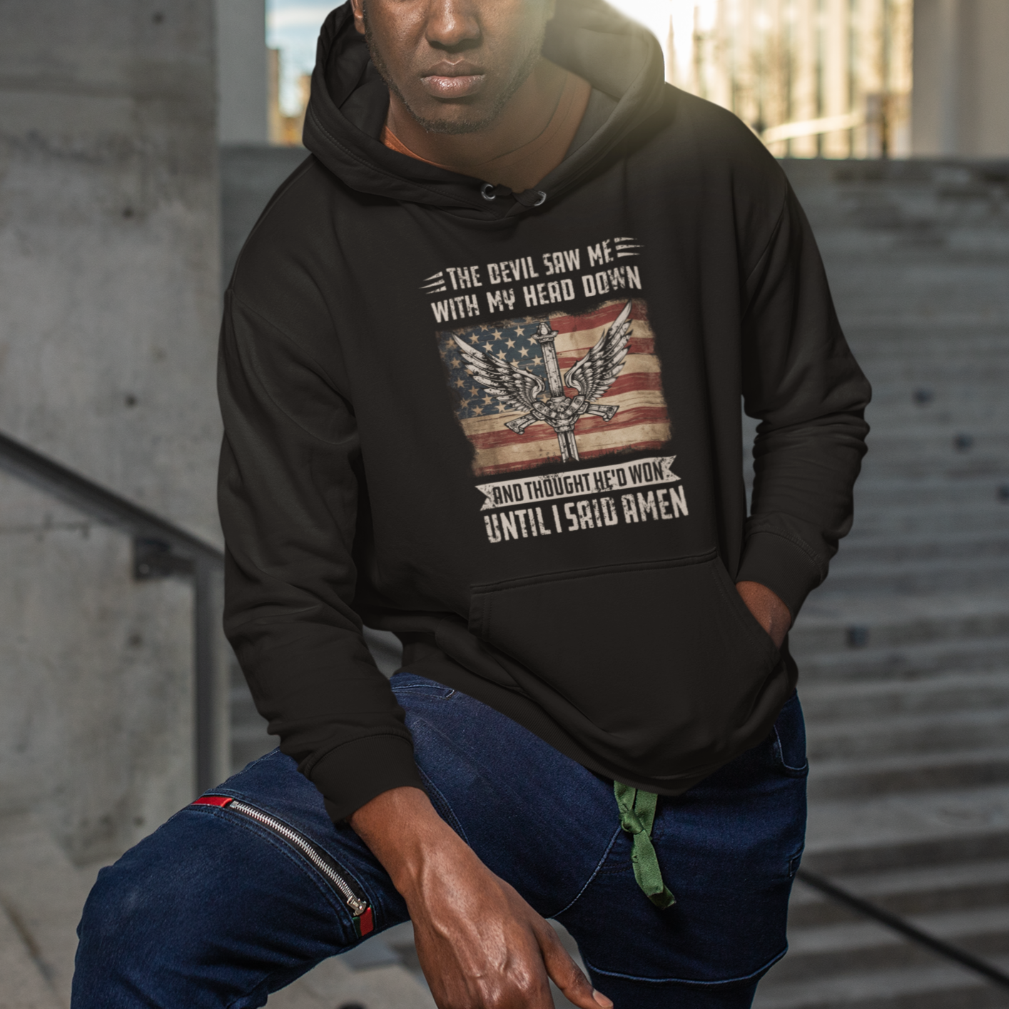 American Patriot Hoodie The Devil Saw Me With My Head Down Until I Said Amen US Flag - Wonder Print Shop