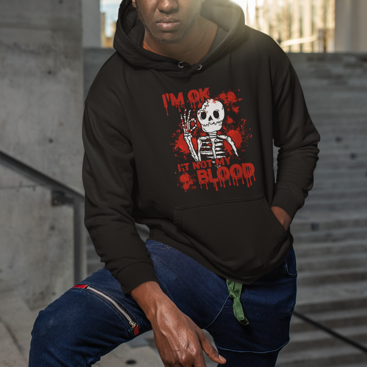 Funny Skeleton Hoodie I'm Ok It's Not My Blood Halloween Joke - Wonder Print Shop
