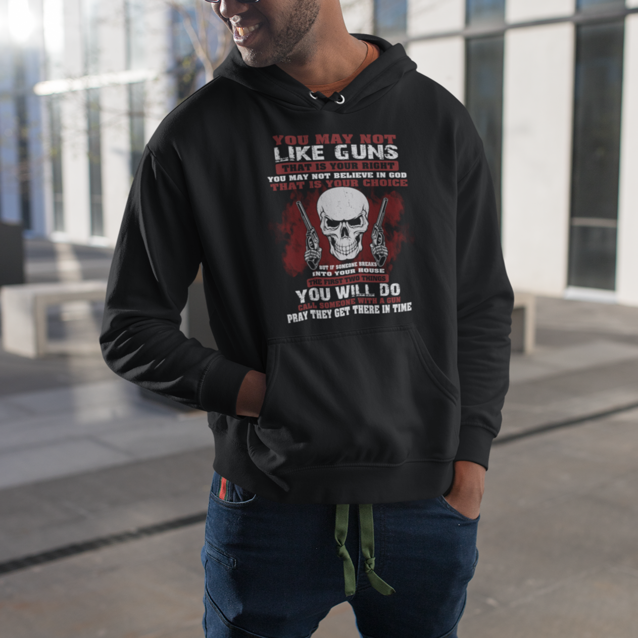 Armed Skull Hoodie You May Not Like Guns But You Call Someone With A Gun And Pray - Wonder Print Shop