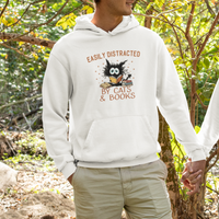 Cat & Book Lover Hoodie Easily Distracted By Cats And Books Funny Black Cat Meme - Wonder Print Shop