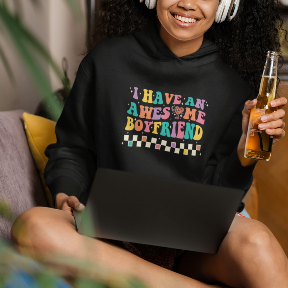 Valentine's Day Hoodie I Have An Awesome Boyfriend Ugly Heart Retro Groovy - Wonder Print Shop