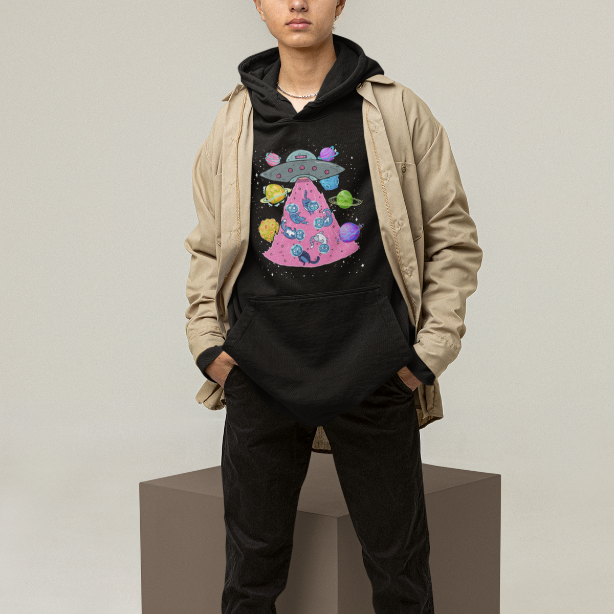 Cat Lover Hoodie UFO Catches Cat Into Space - Wonder Print Shop