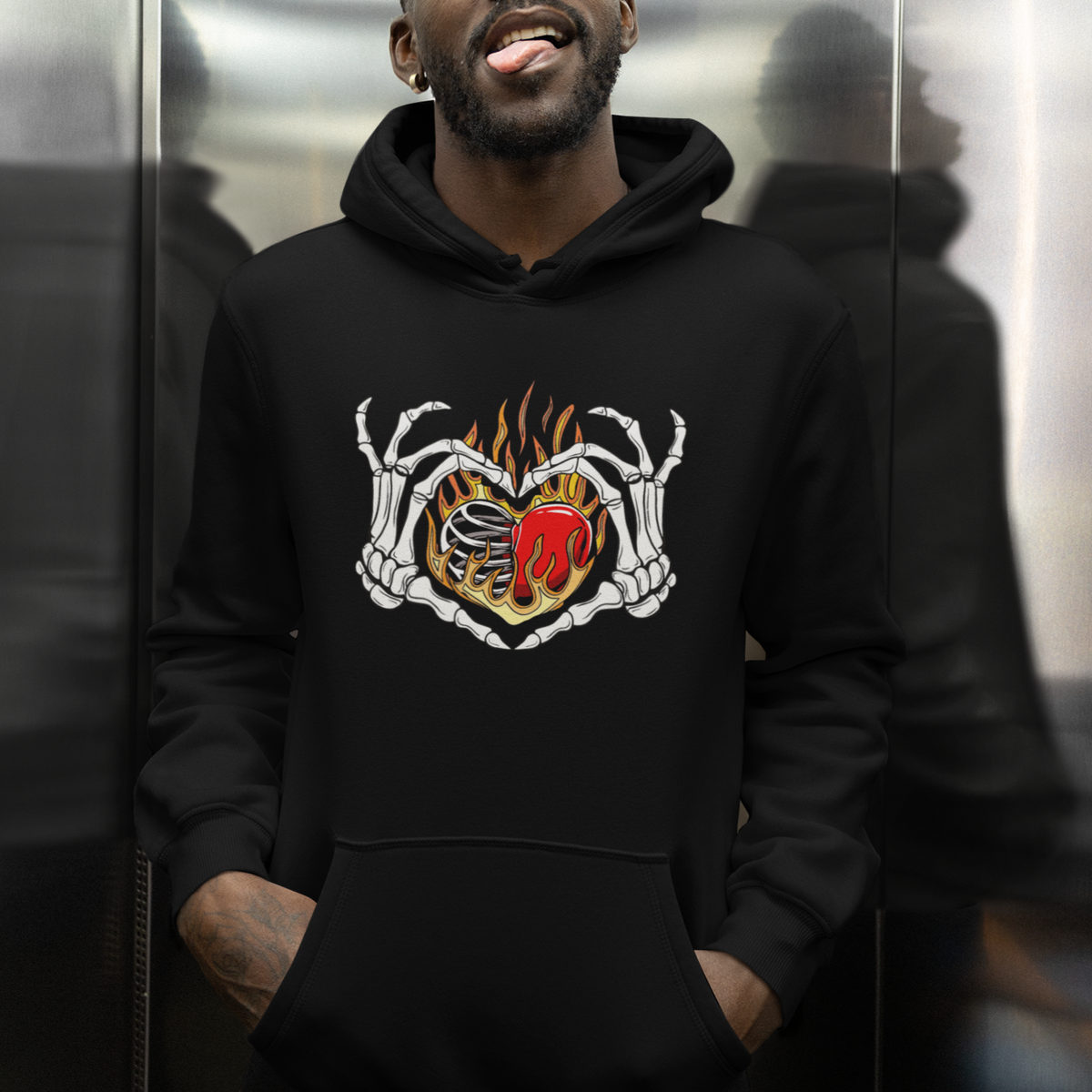 Valentine's Day Hoodie Skeleton Hand Love Sign Holding Fire Red Heart - Wonder Print Shop