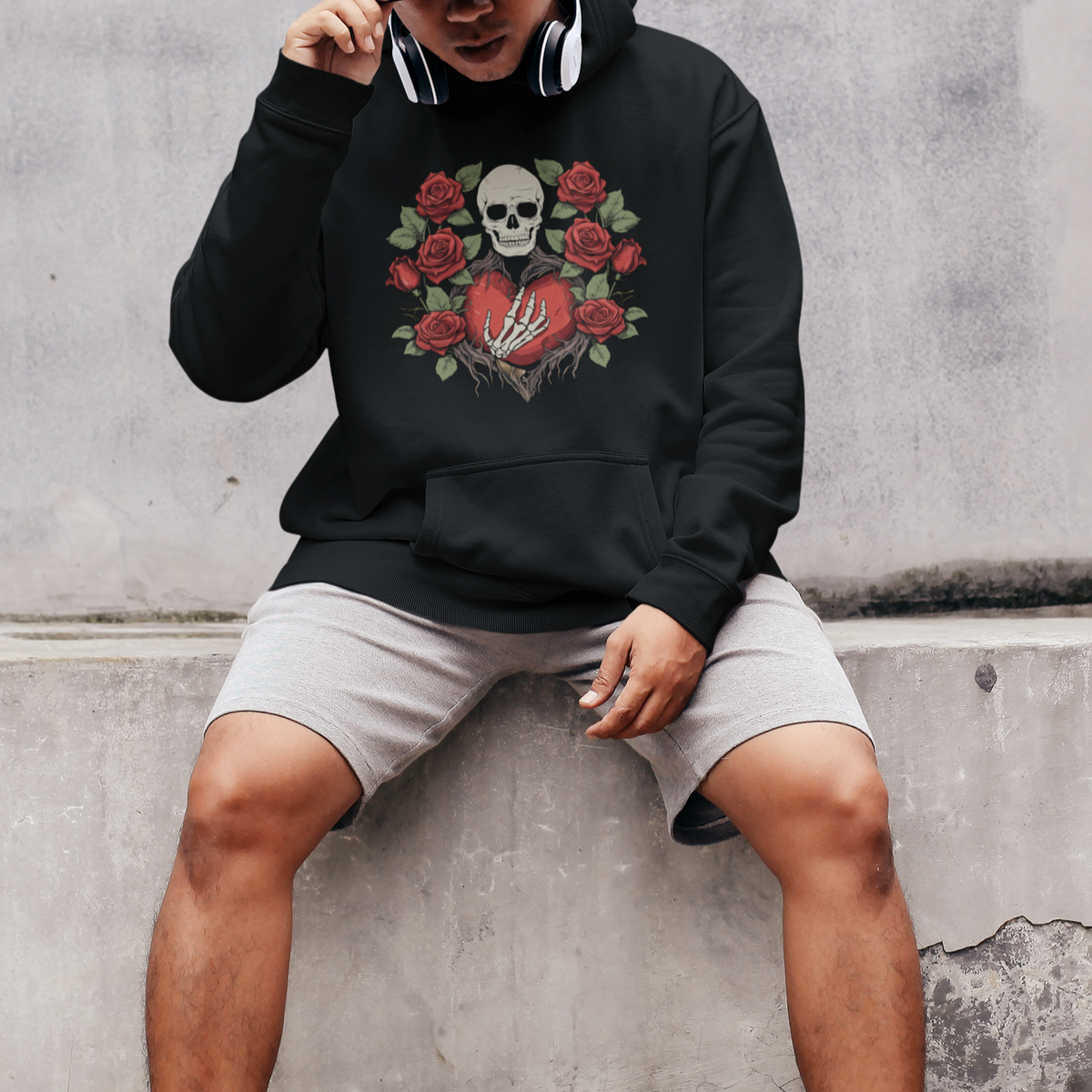 Valentine's Day Hoodie Skeleton Hand Heart Sign Red Rose Flower Gothic - Wonder Print Shop