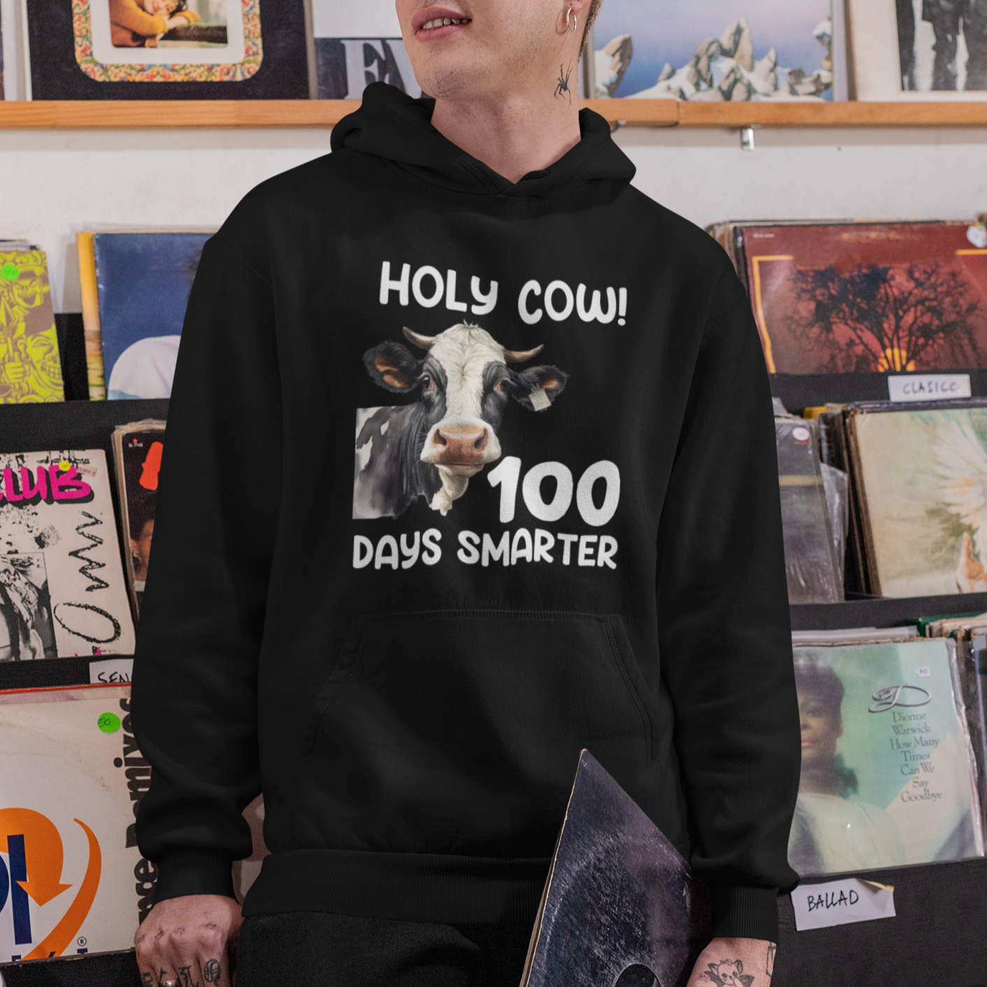 Holy Cow 100 Days of School Hoodie 100 Days Smarter Funny Moo Dairy Cattle - Wonder Print Shop