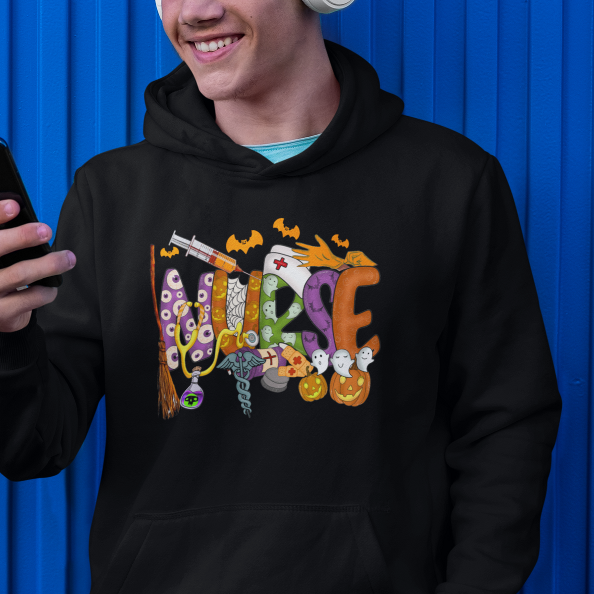 Halloween Nurse Hoodie Spooky Season Nurse Witch Ghost Halloween Costume - Wonder Print Shop