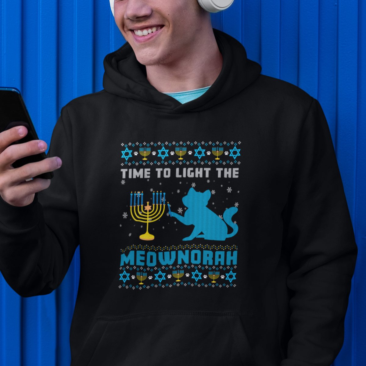Hanukkah Cat Hoodie Light The Meownorah Jewish Hanukkah Cat Menorah Chanukah - Wonder Print Shop