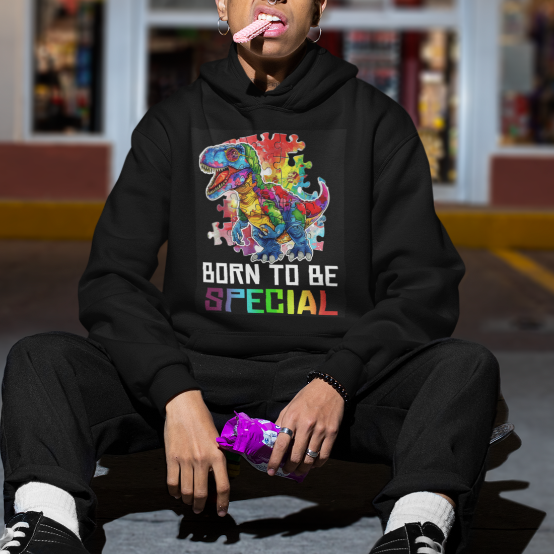 Autism Awareness Hoodie Born To Be Special Rainbow Puzzle Dinosaur - Wonder Print Shop
