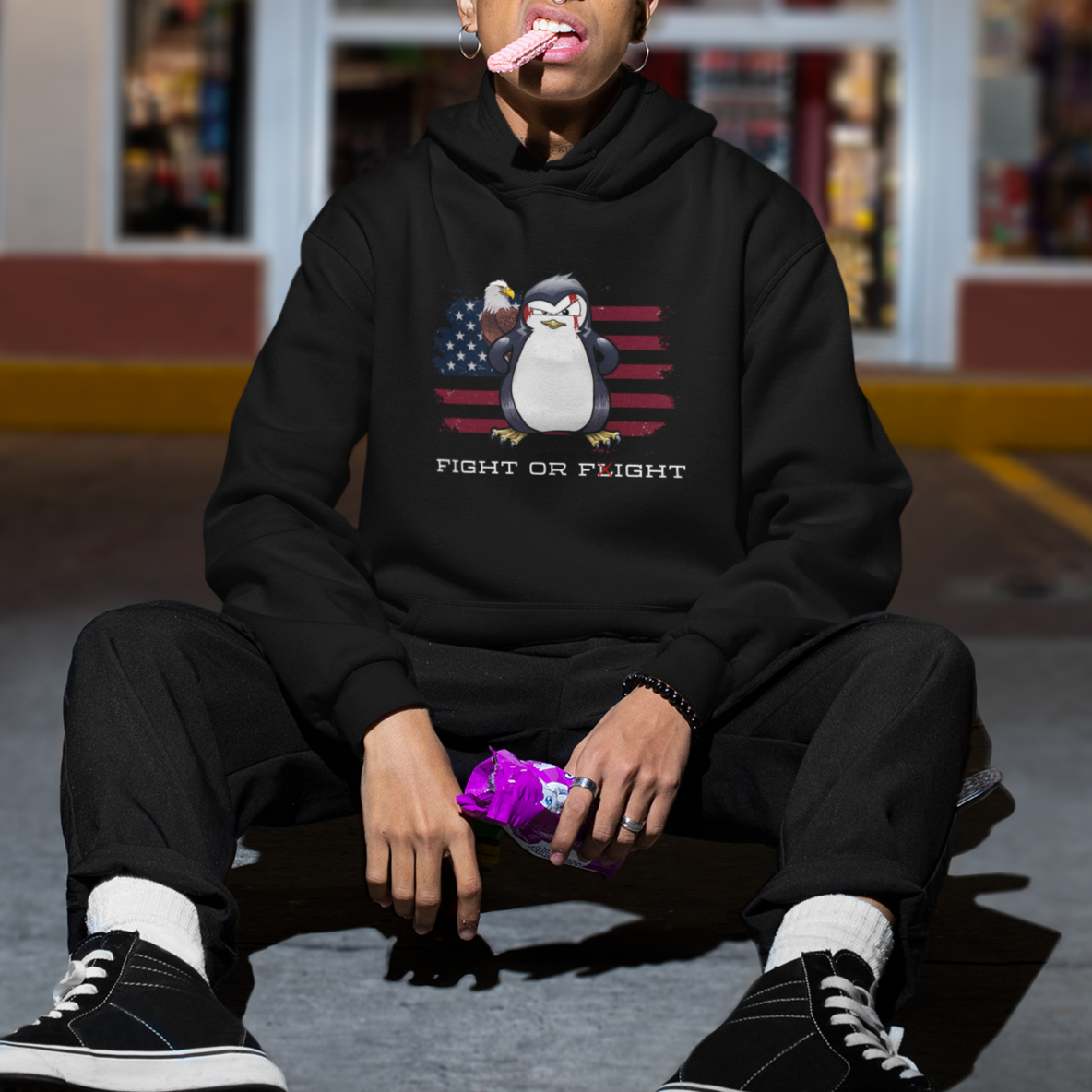 Fight or Flight Meme Cool Penguin Pun Patriotic US Flag Hoodie - Wonder Print Shop