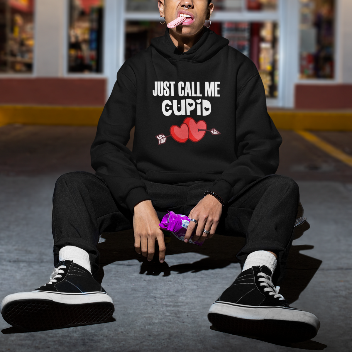 Valentine's Day Hoodie Just Call Me Cupid Retro Arrow Heart - Wonder Print Shop