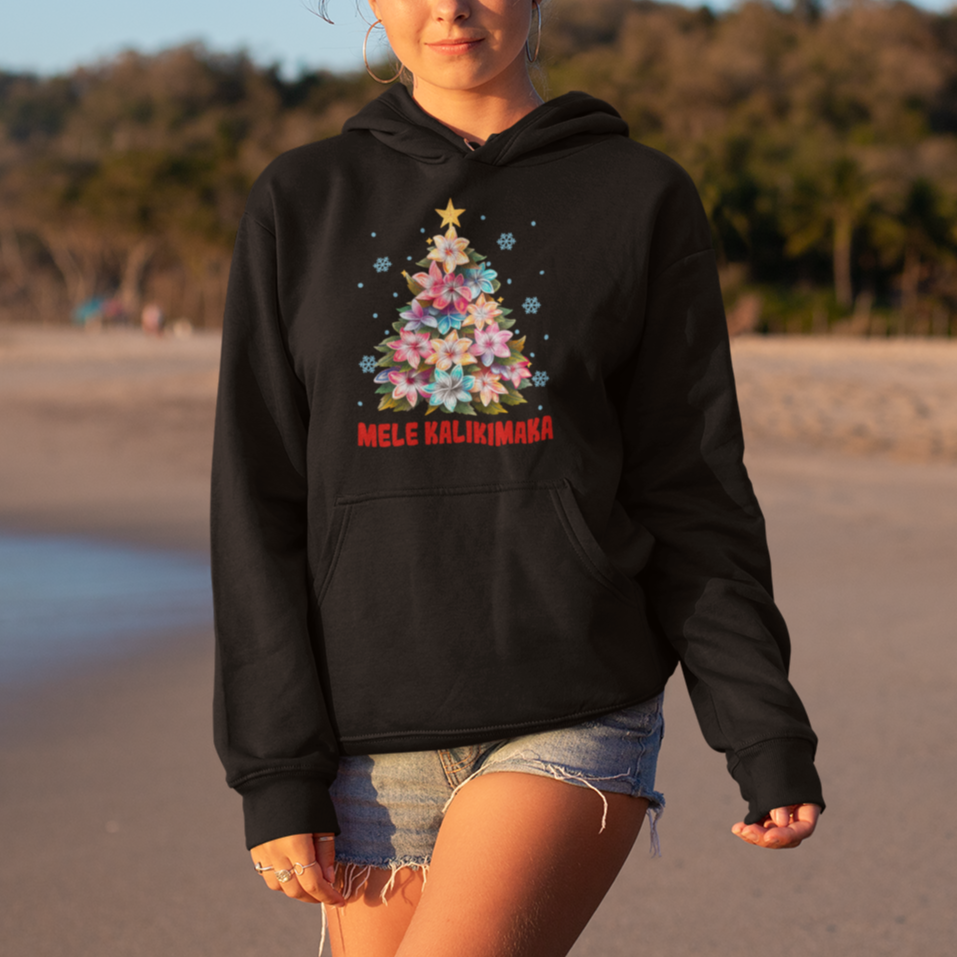 Tropical Hawaiian Plumeria Christmas Tree Mele Kalikimaka Hoodie - Wonder Print Shop