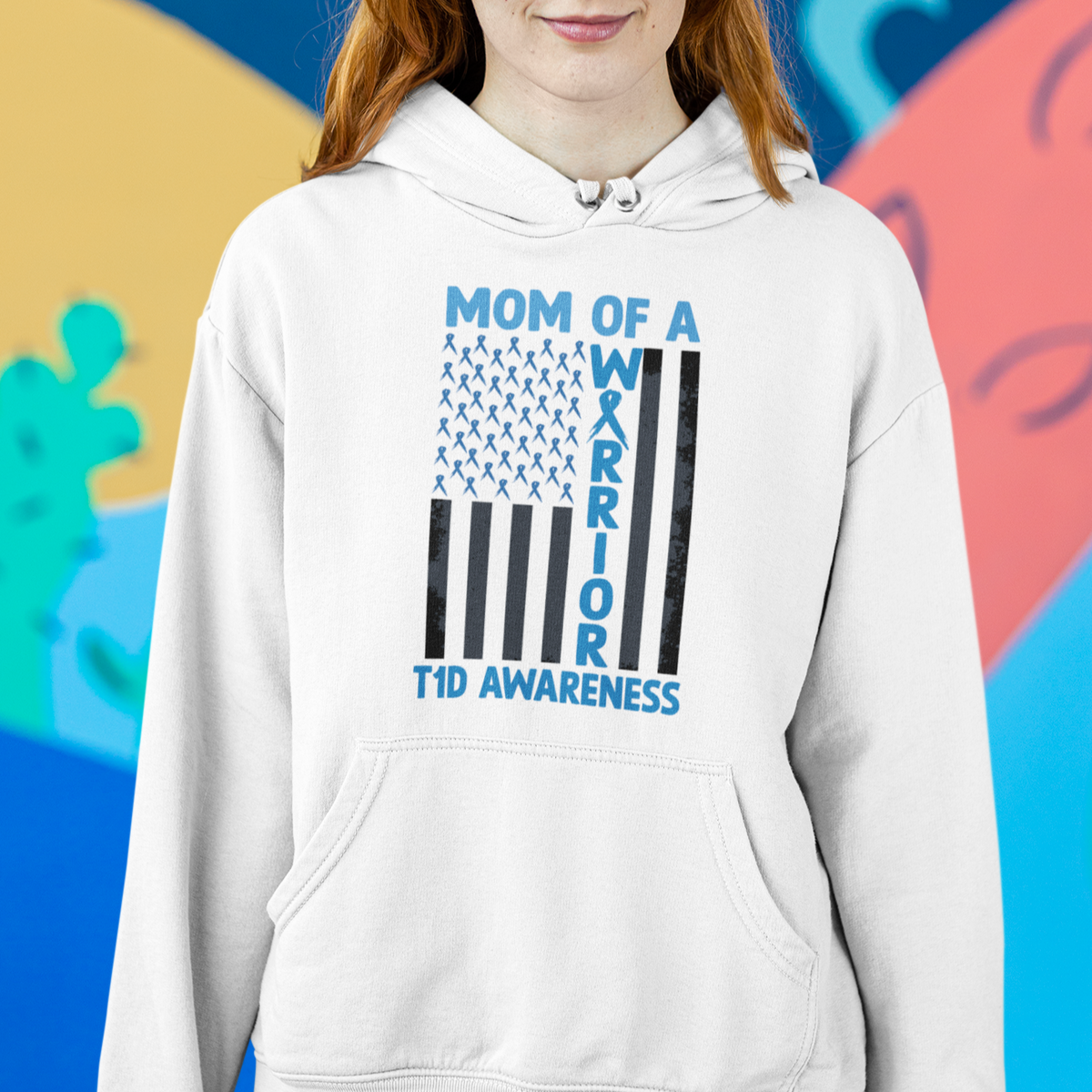 Blue American Flag Mom Of A Warrior T1D Awareness Hoodie - Wonder Print Shop