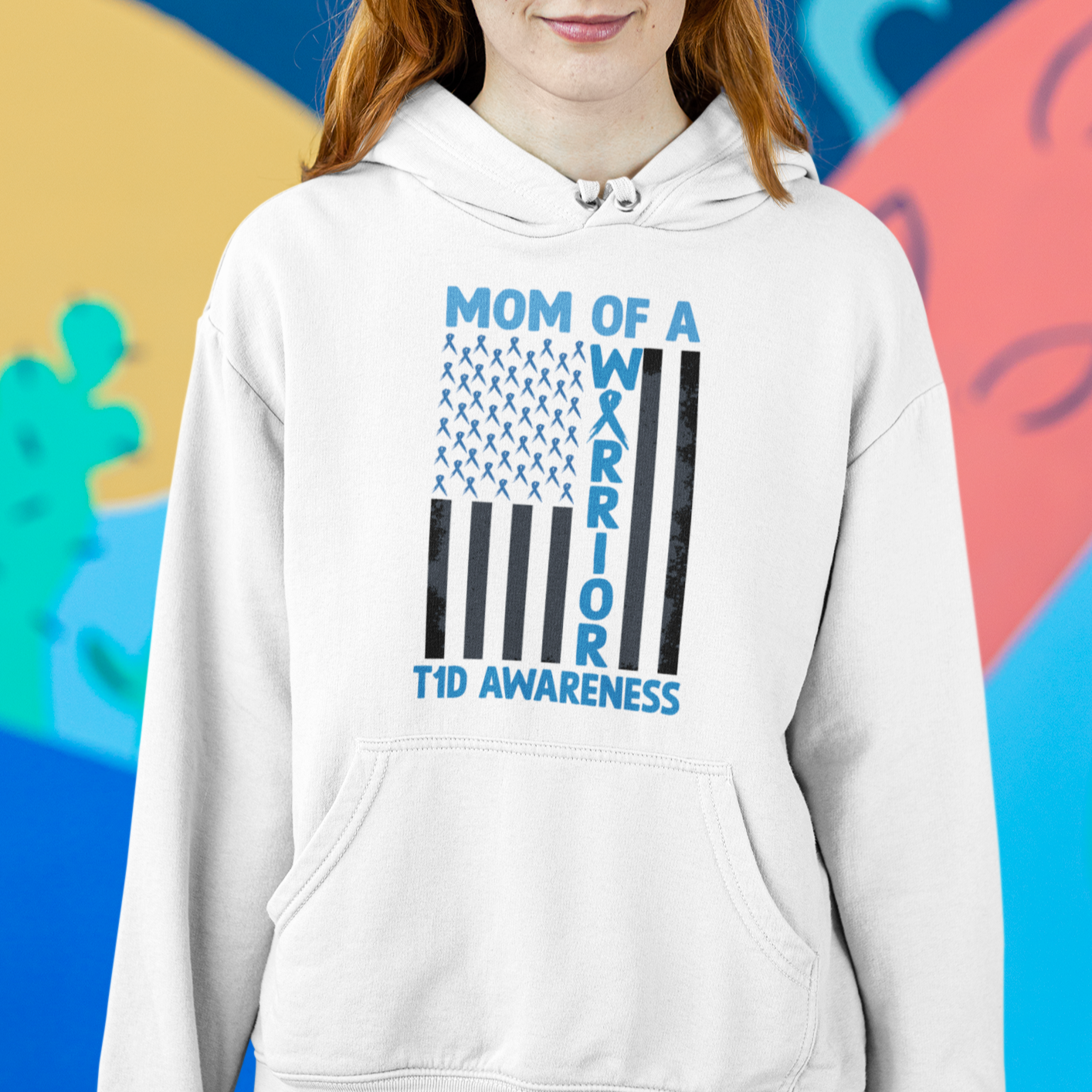Blue American Flag Mom Of A Warrior T1D Awareness Hoodie - Wonder Print Shop