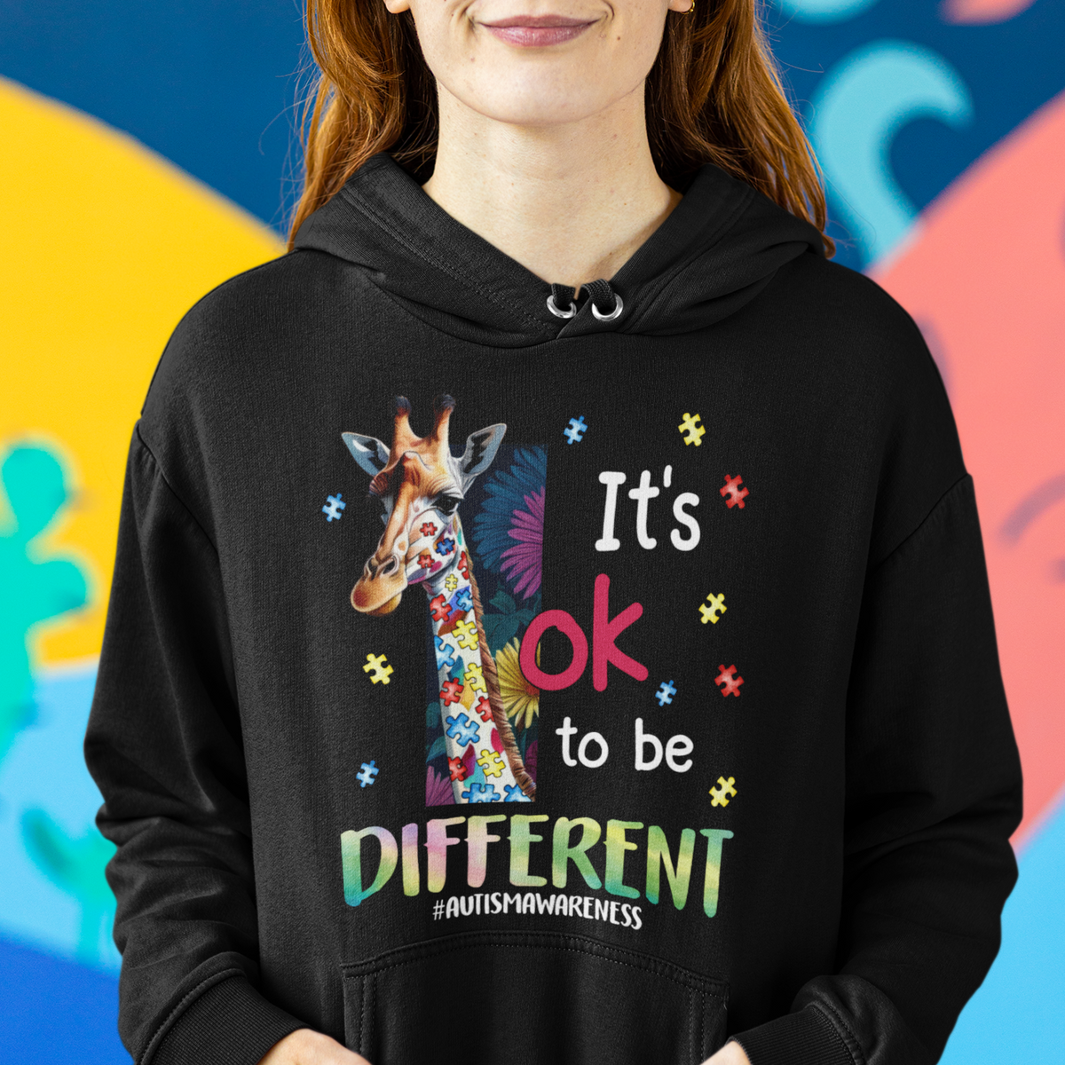 Autism Awareness Hoodie It's Ok To Be Different Puzzle Giraffe - Wonder Print Shop