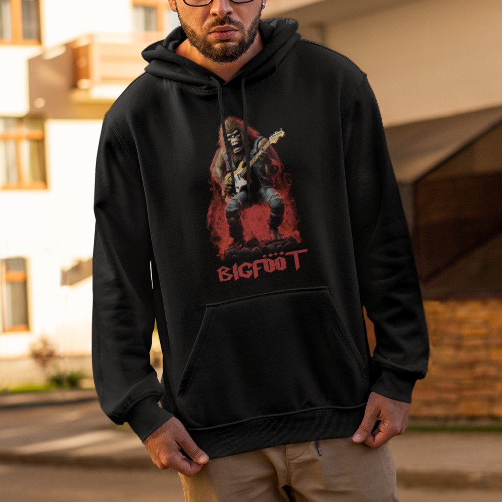 Bigfoot Rock N Roll Hoodie Funny Sasquatch Playing Electric Guitar - Wonder Print Shop