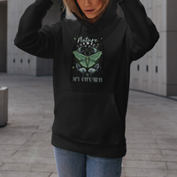 Black pullover hoodie with green moth graphic and Nature Is My Church text
