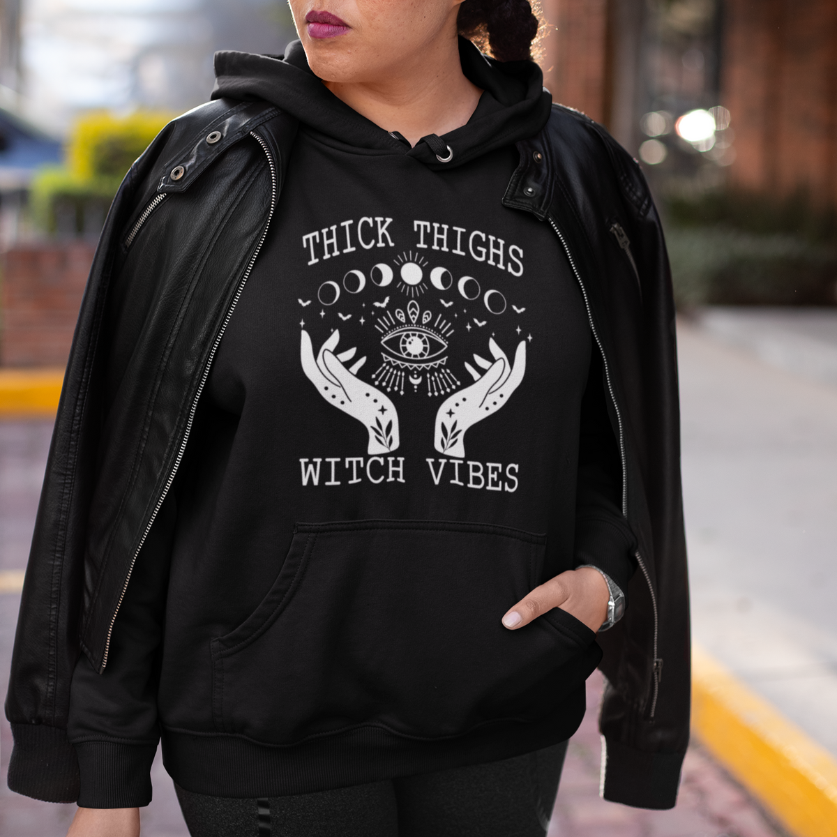 Thick Thighs Witch Vibes Celestial Witchcraft Moon Phases Hoodie - Wonder Print Shop