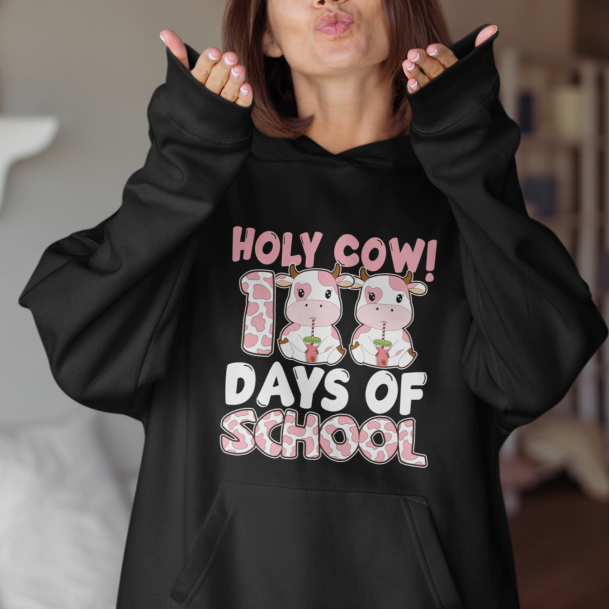 Holy Cow 100 Days of School Hoodie Cute Pink Dairy Cattle - Wonder Print Shop